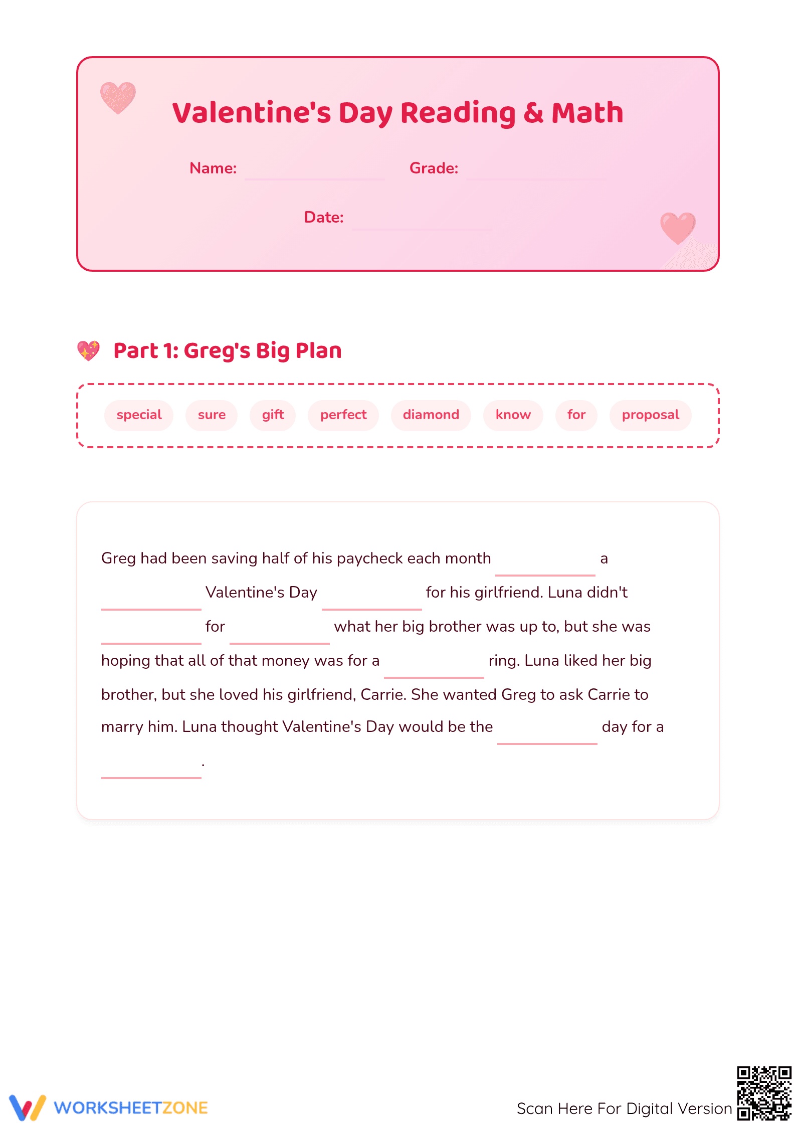 Essential Valentine's Day Reading & Math Worksheet Gr 4-5 - Page 1
