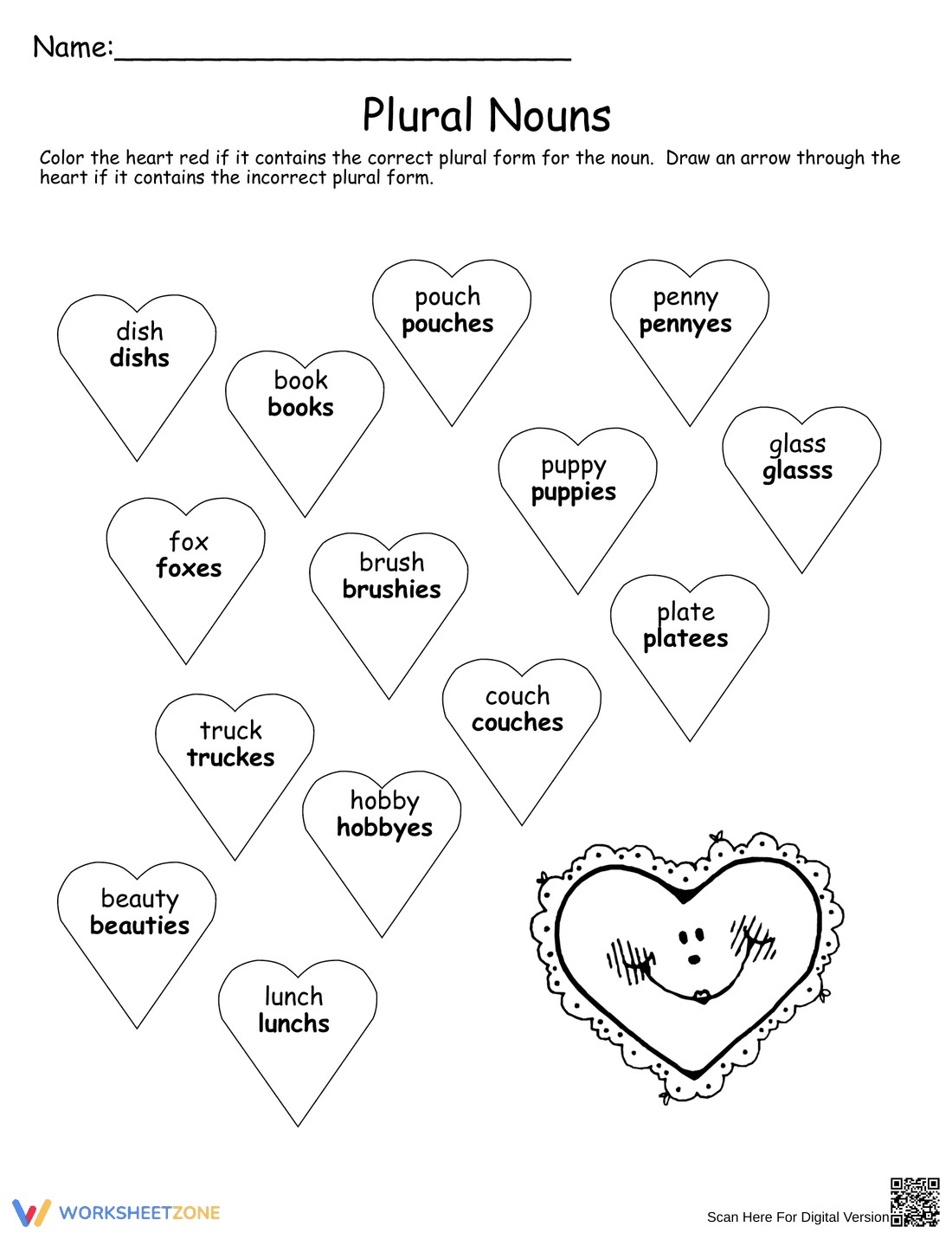 Valentine's Day Plural Nouns Worksheet - Page 1