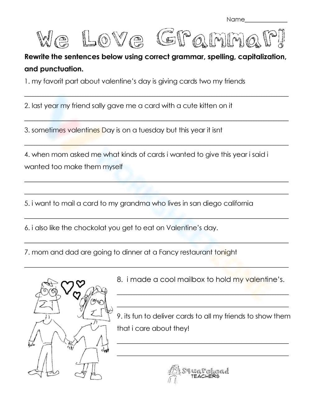 We Love Grammar Valentine's Day Worksheet - Page 1