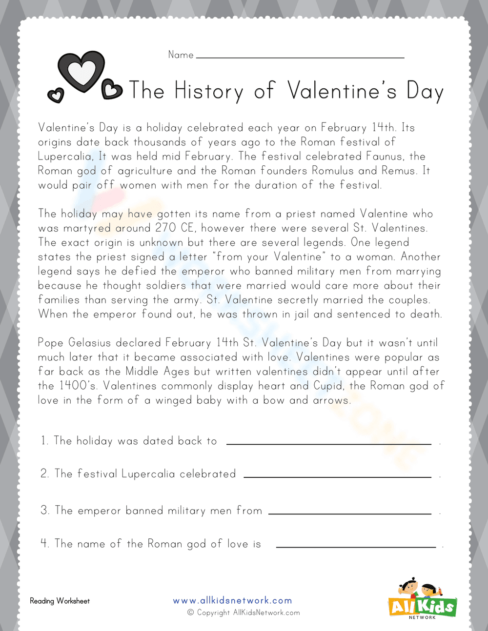 The History of Valentine's Day Worksheet - Page 1