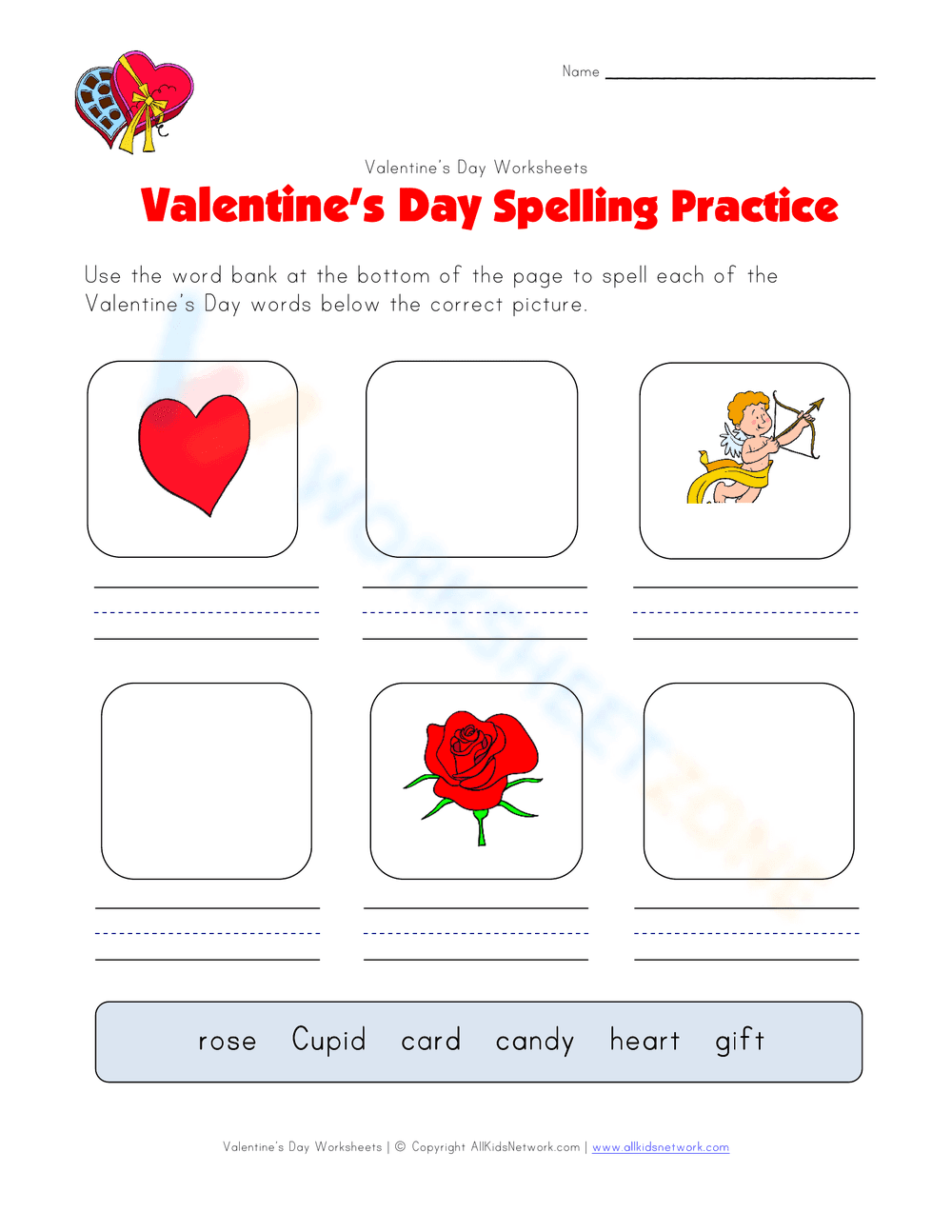Valentine's Day Spelling Practice Worksheet - Page 1