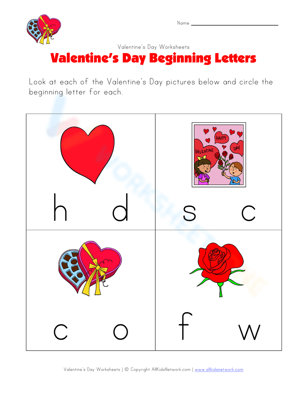 Valentine's Day Beginning Letters Worksheet - Page 1