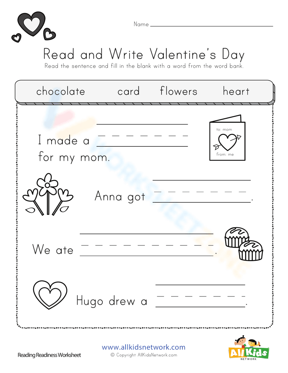 Valentine's Day Reading and Writing Worksheet - Page 1