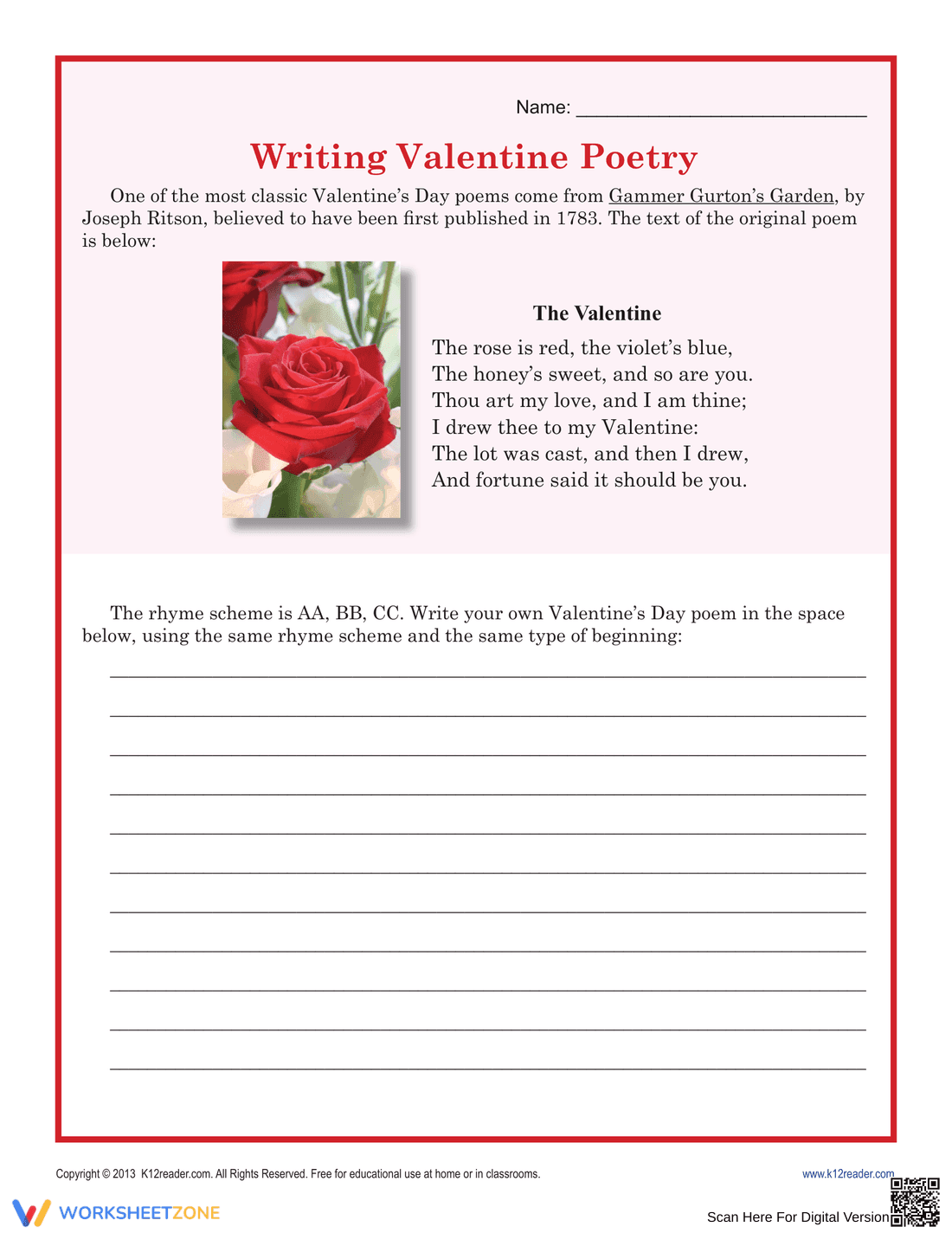 Writing Valentine Poetry Worksheet - Page 1