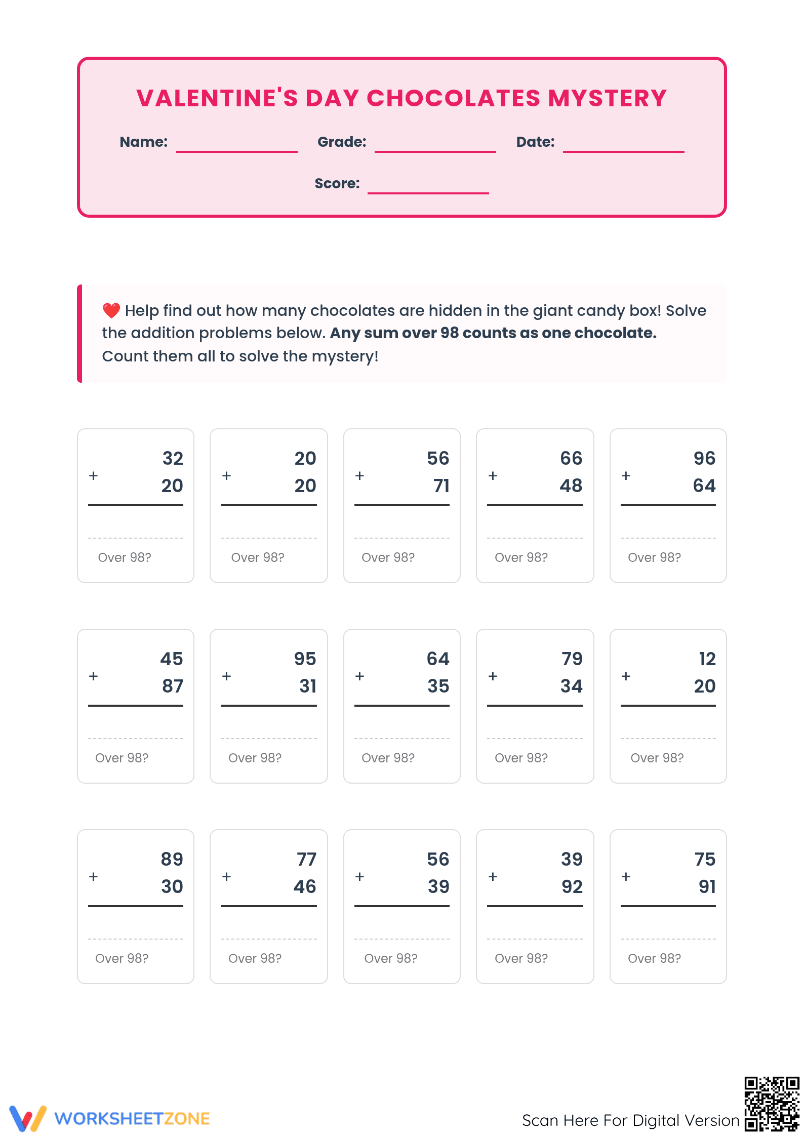 Grade 3-5 Valentine Addition Mystery — Printable Worksheet - Page 1