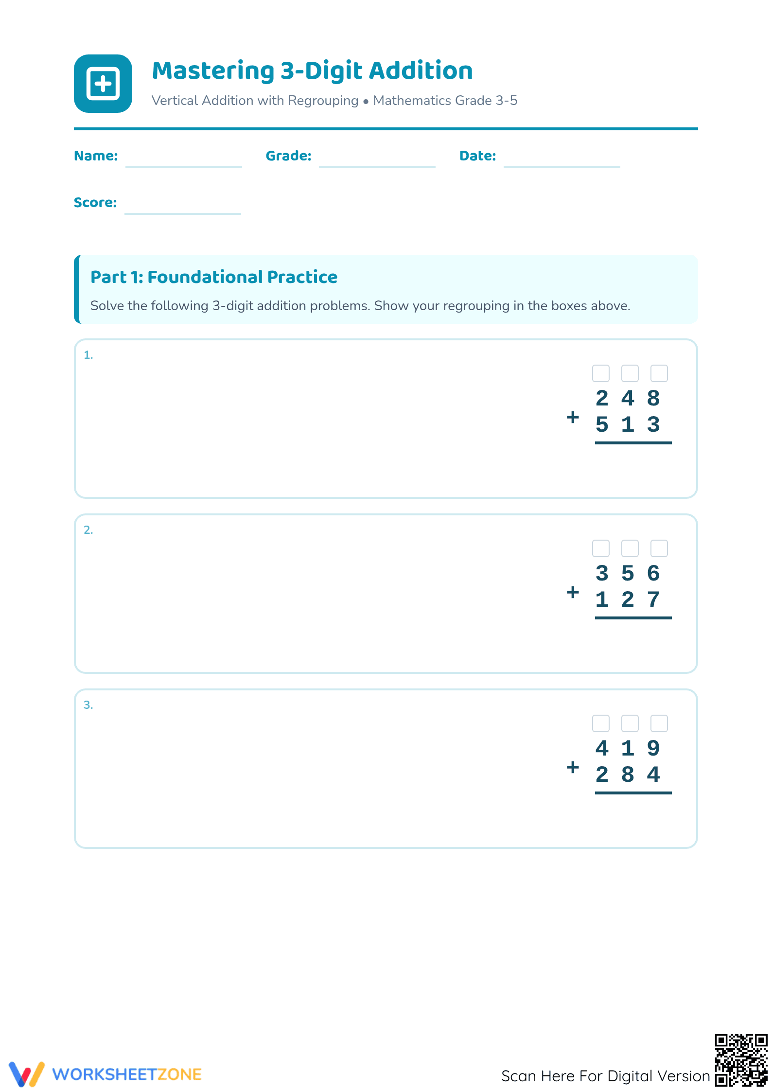 Printable 3-Digit Addition Worksheet | Grade 3-5 Math - Page 1
