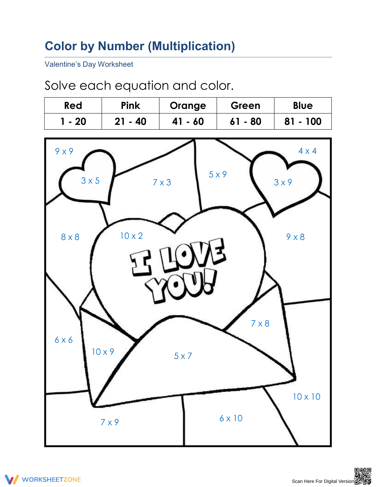Valentine's Color by Number Worksheet - Page 1
