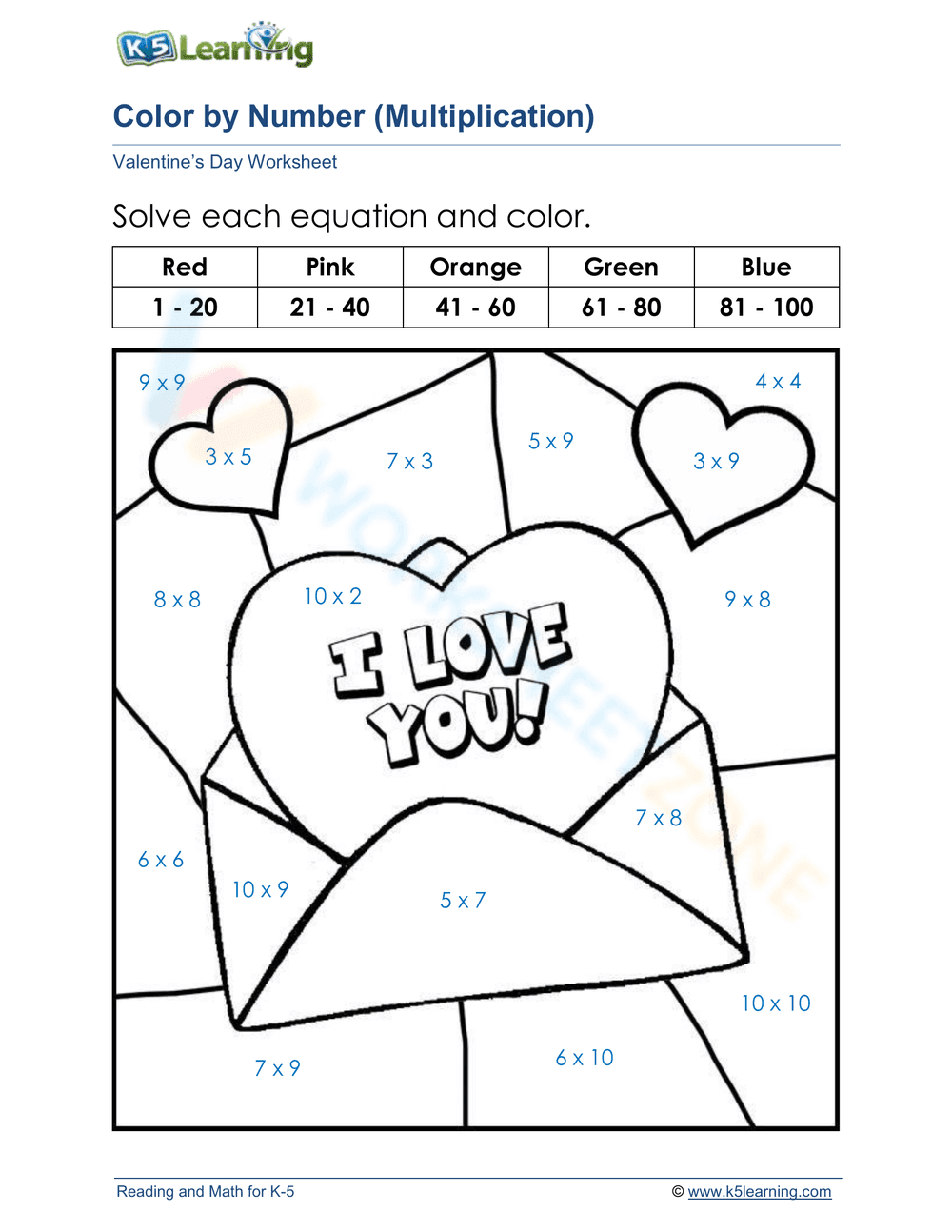 Valentine's Color by Number Worksheet - Page 1