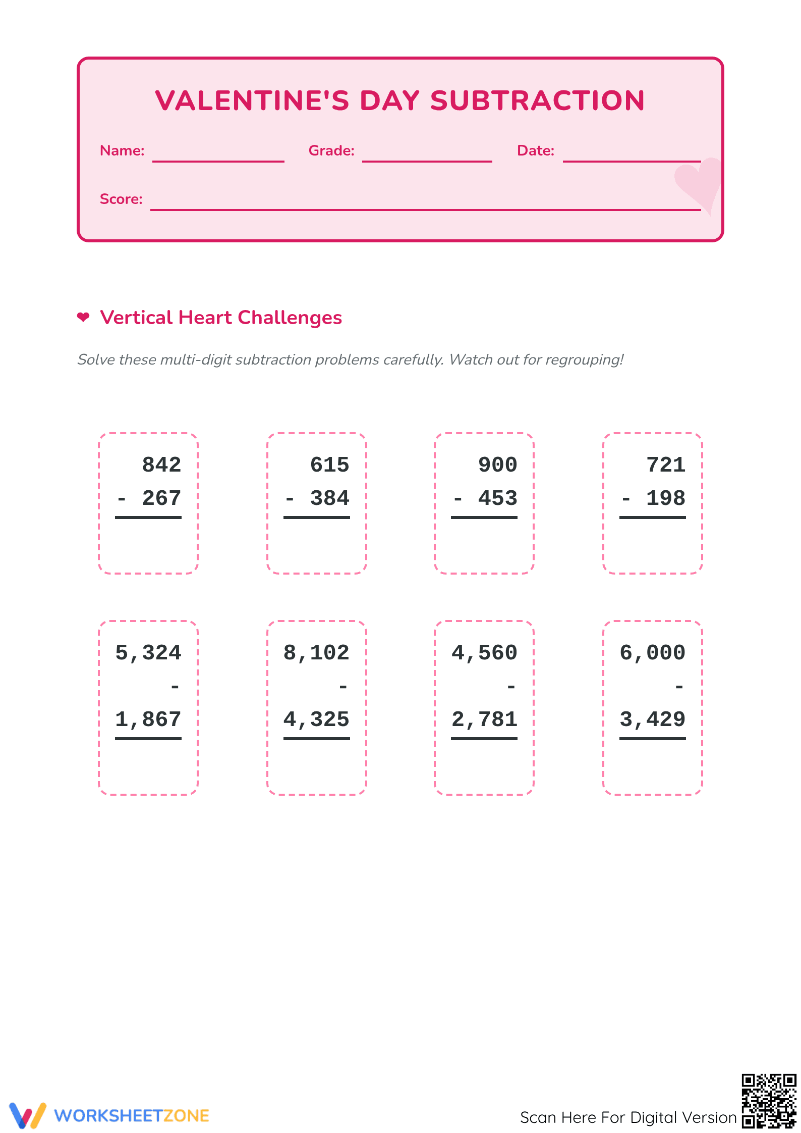 Valentine Subtraction Worksheet | Printable Grade 4 Math - Page 1