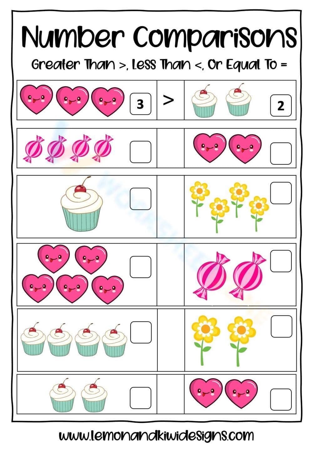 Valentine's Sweet Number Comparison Worksheet - Page 1