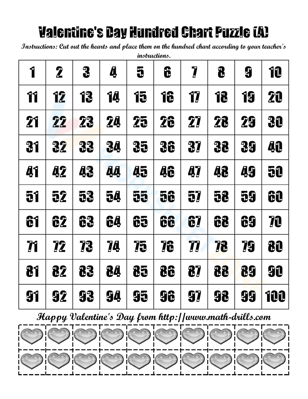 Valentine's Day Hundred Chart Puzzle Worksheet - Page 1