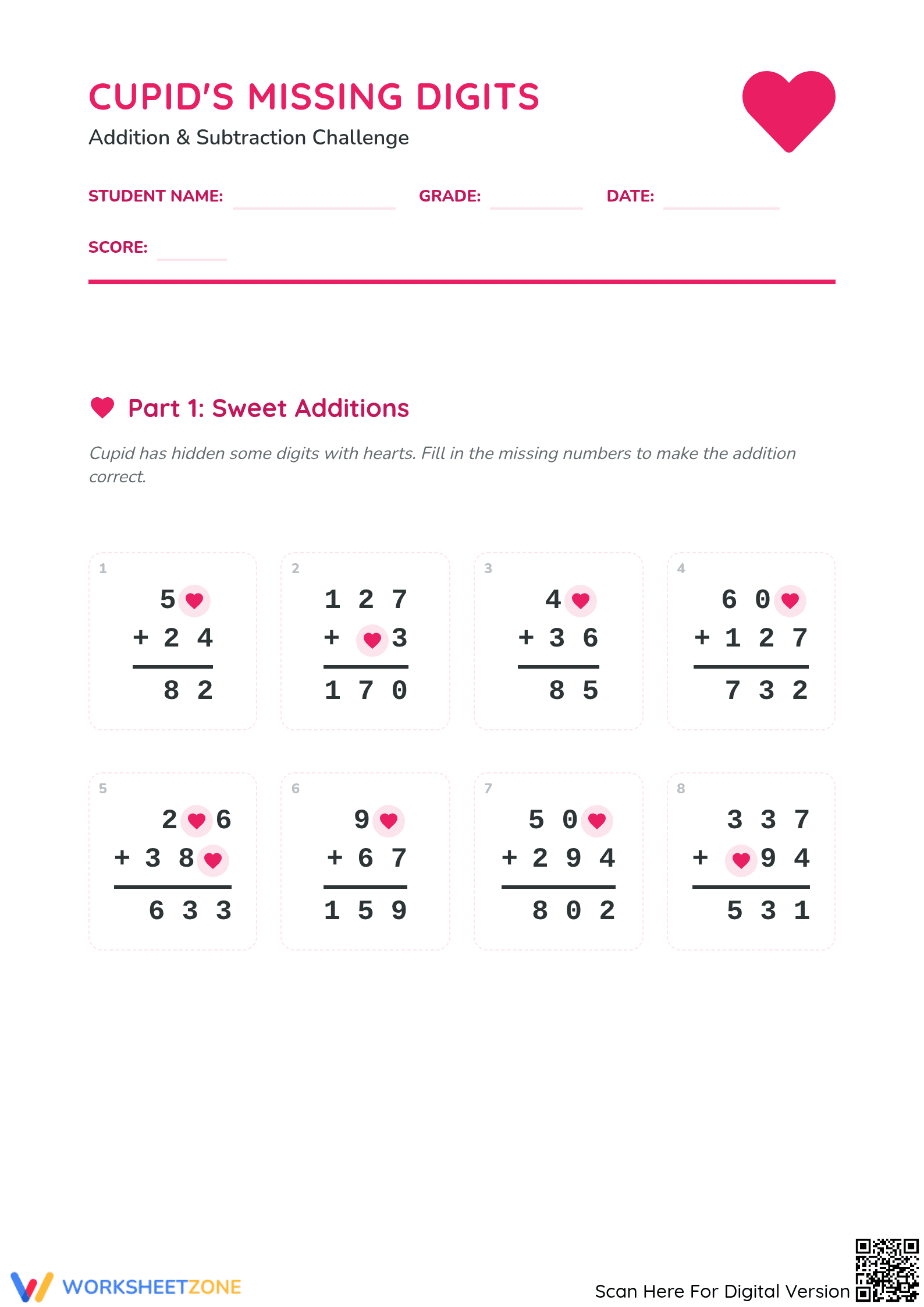 Cupid's Missing Digits Math Worksheet | Essential Grade 4 - Page 1