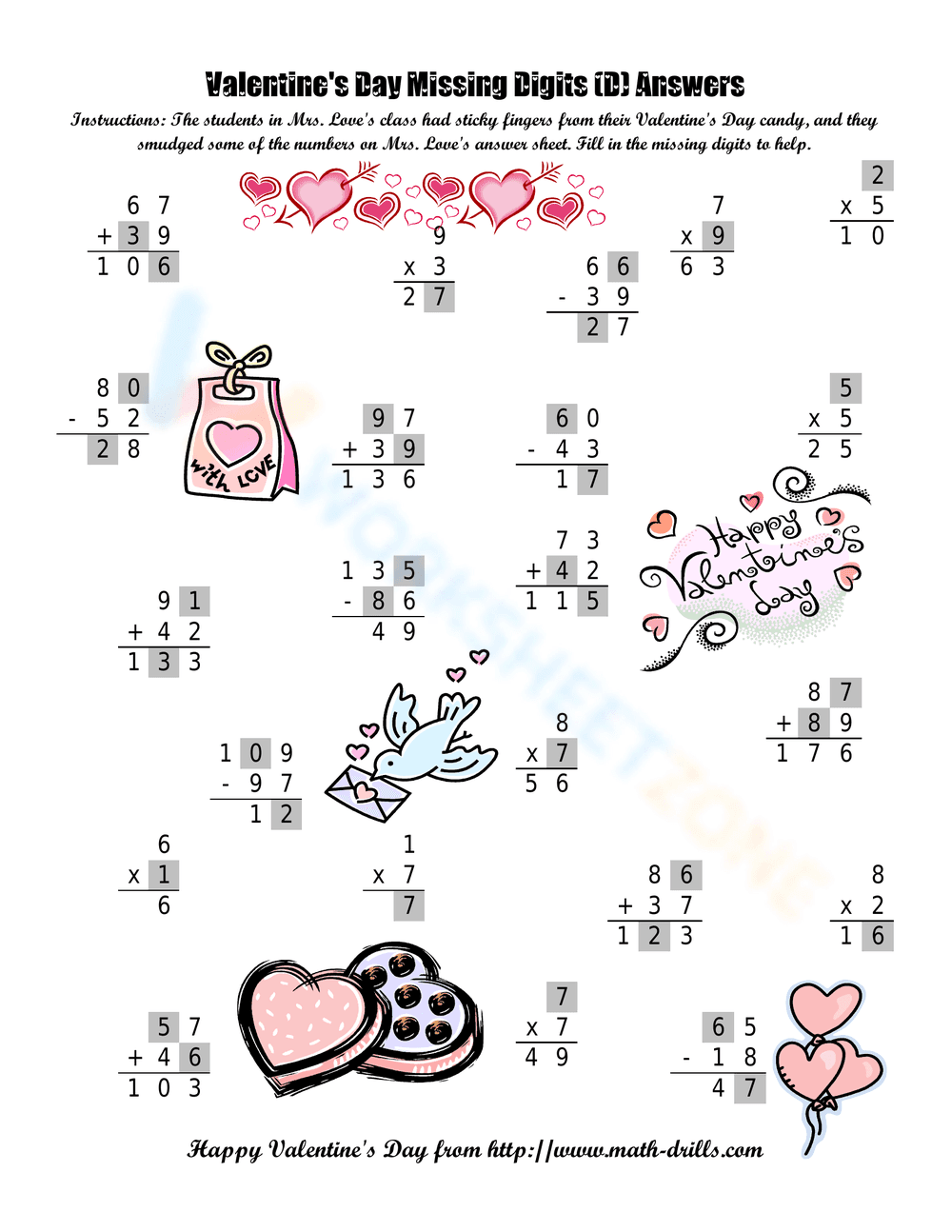 Sweet Heart Missing Digit Worksheet - Page 1
