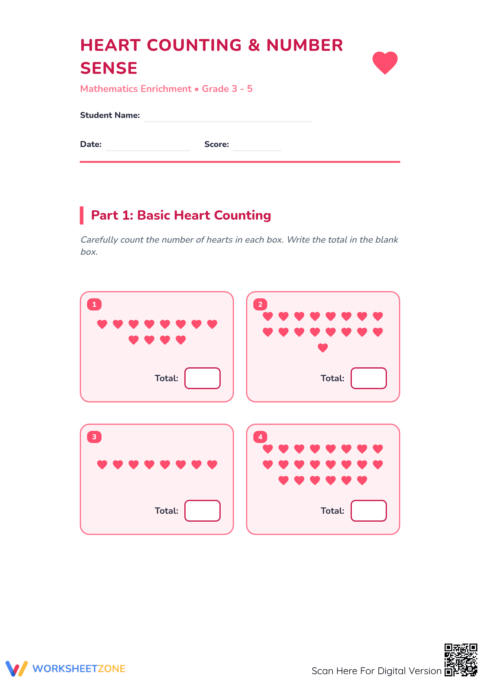 Essential Heart Counting & Place Value Worksheet | Grade 3-5 - Page 1