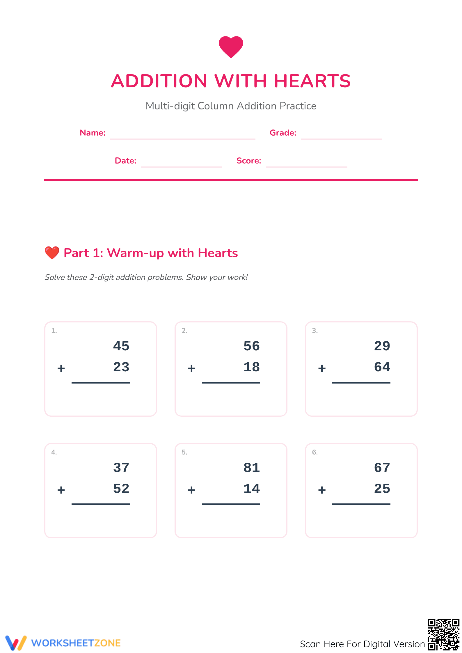 Printable Valentine Addition Worksheet: Grade 4 Math - Page 1