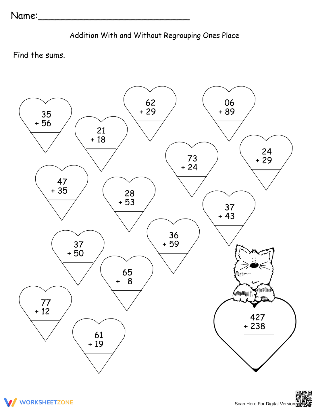 Valentine Addition Worksheet for Kids - Page 1