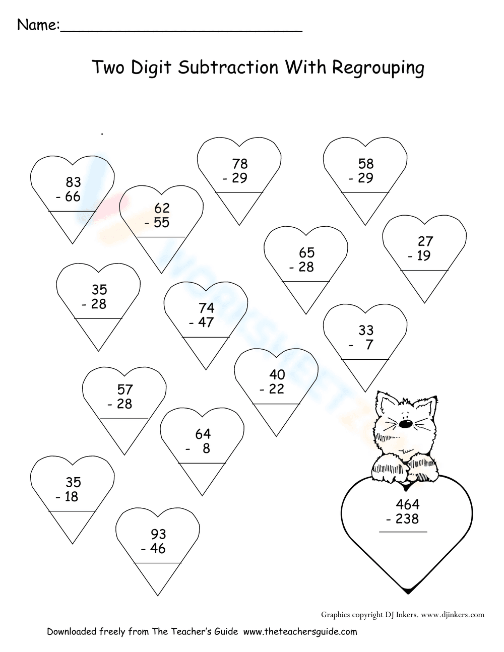 Valentine Subtraction Worksheet - Page 1