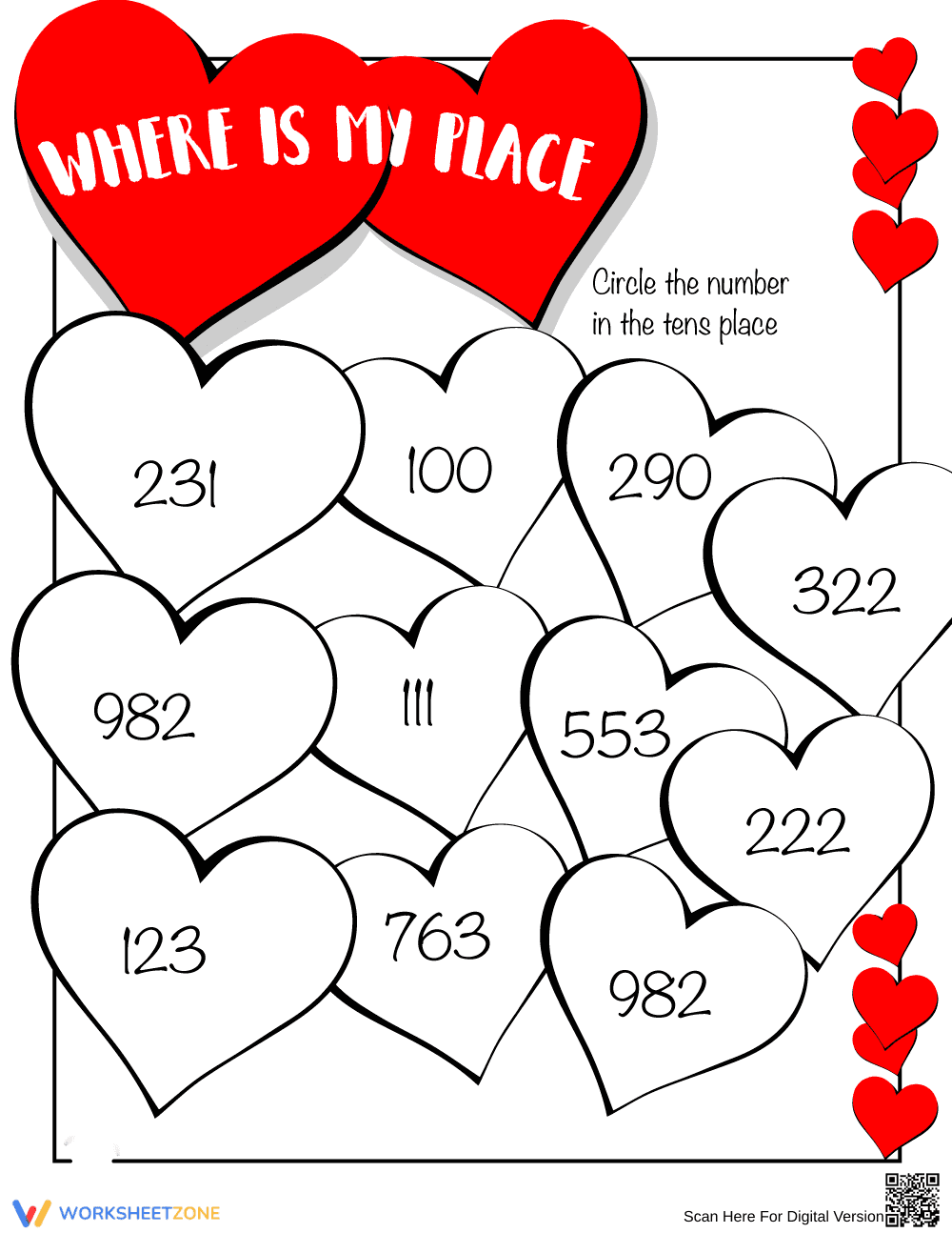 Math Place Valentine's Worksheet - Page 1