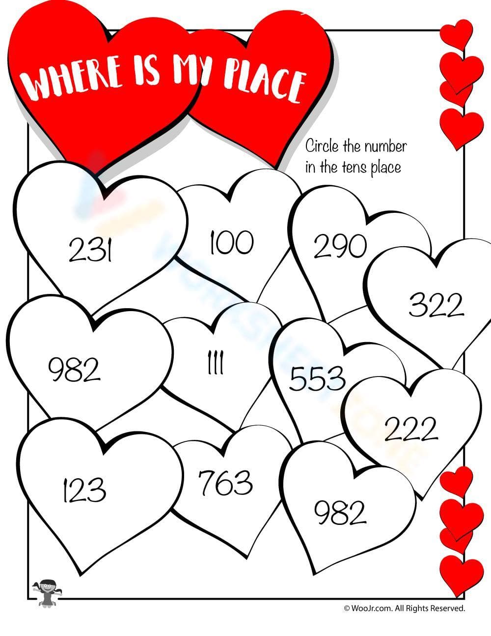 Math Place Valentine's Worksheet - Page 1