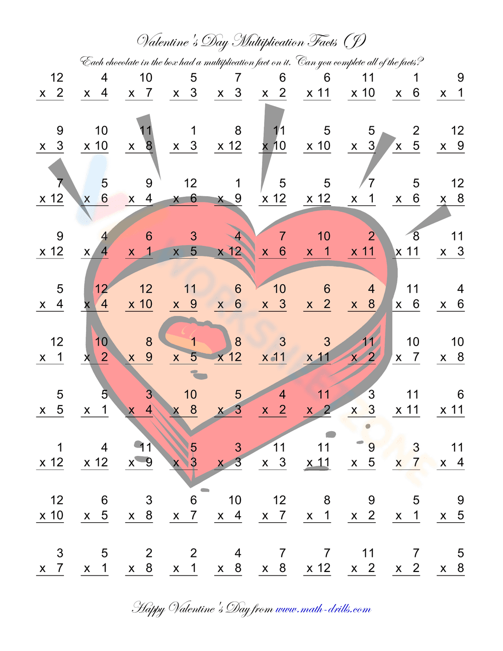 Valentine's Day Multiplication Facts Worksheet - Page 1