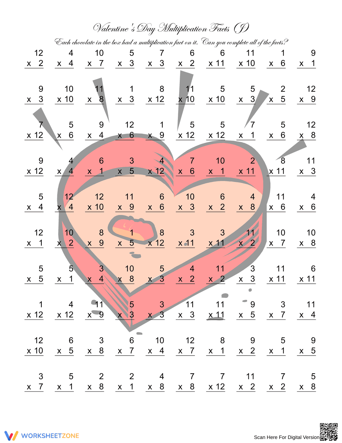 Valentine's Day Multiplication Facts Worksheet - Page 1