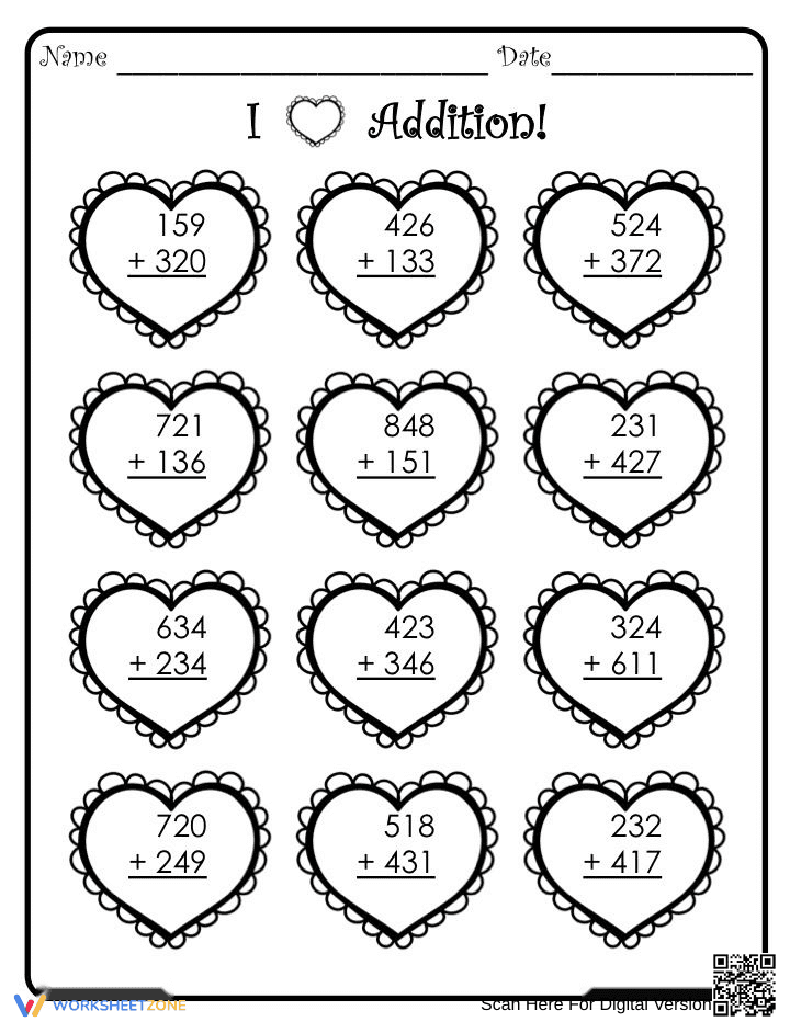 I Love Addition: Valentine's Day Worksheet - Page 1