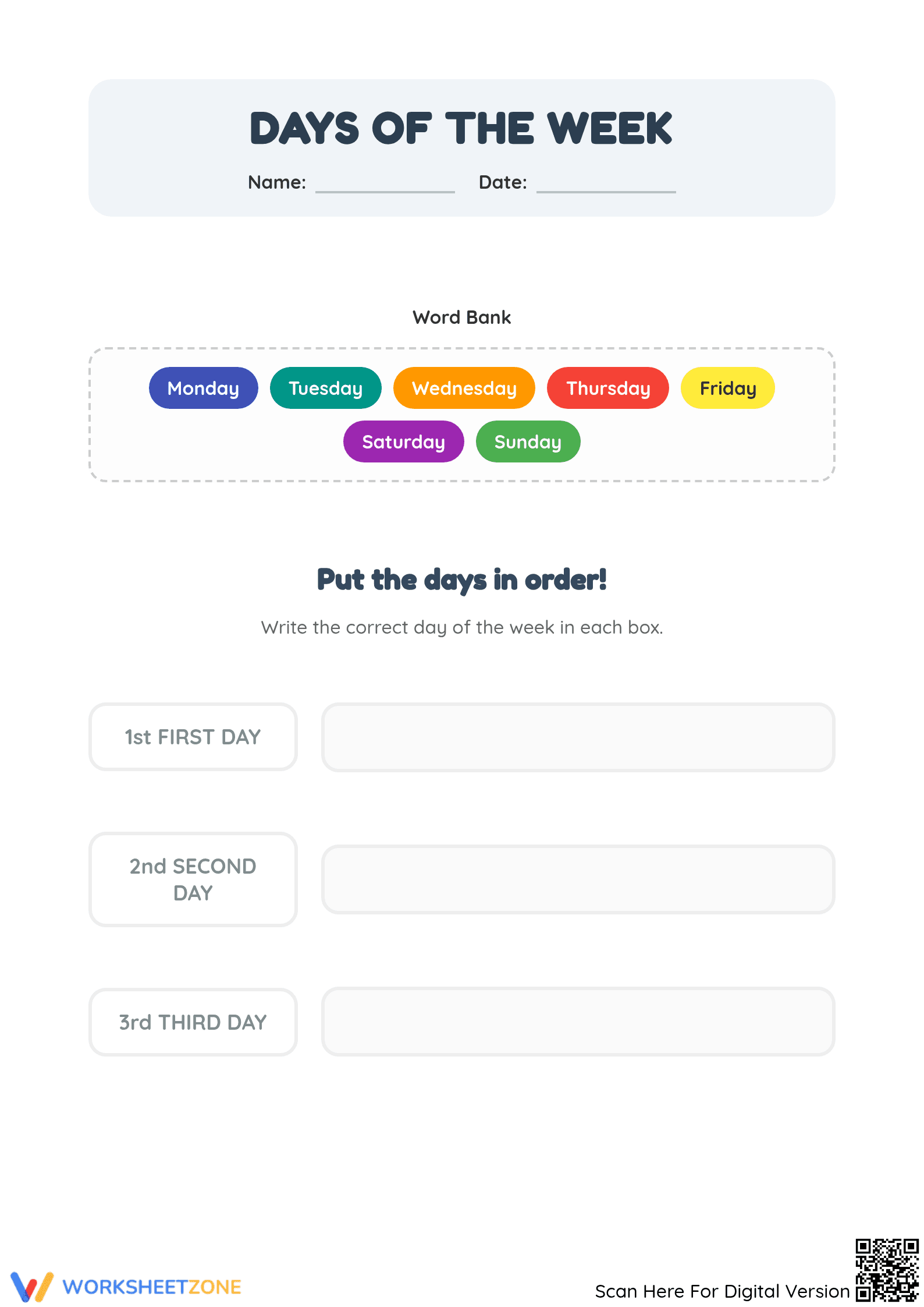 Grade 1 Days of the Week — Printable No-Prep Worksheet - Page 1