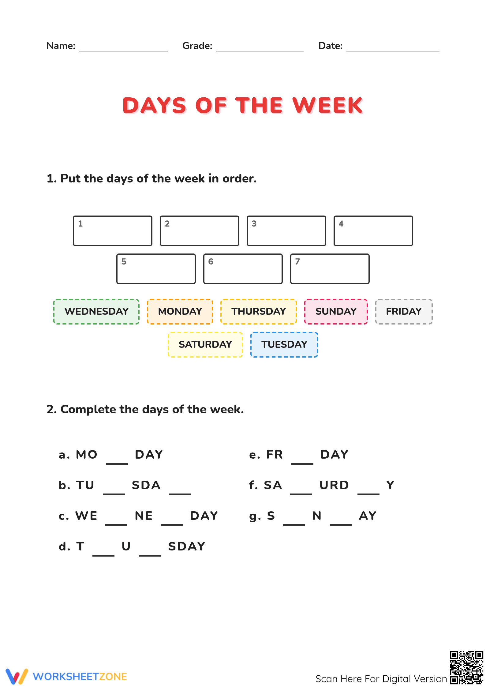 Grade 1 Days of the Week — Printable No-Prep Worksheet - Page 1