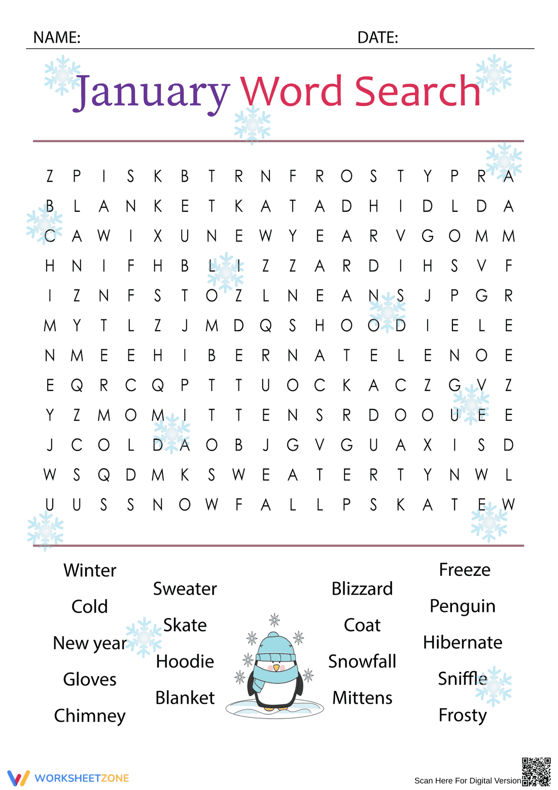 January Winter Word Search - Printable Activity for Kids - Page 1
