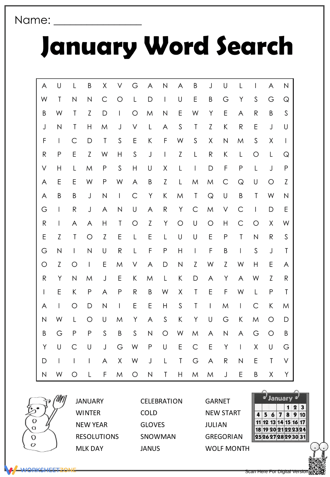 Grade 3 January Word Search — Printable No-Prep Worksheet - Page 1