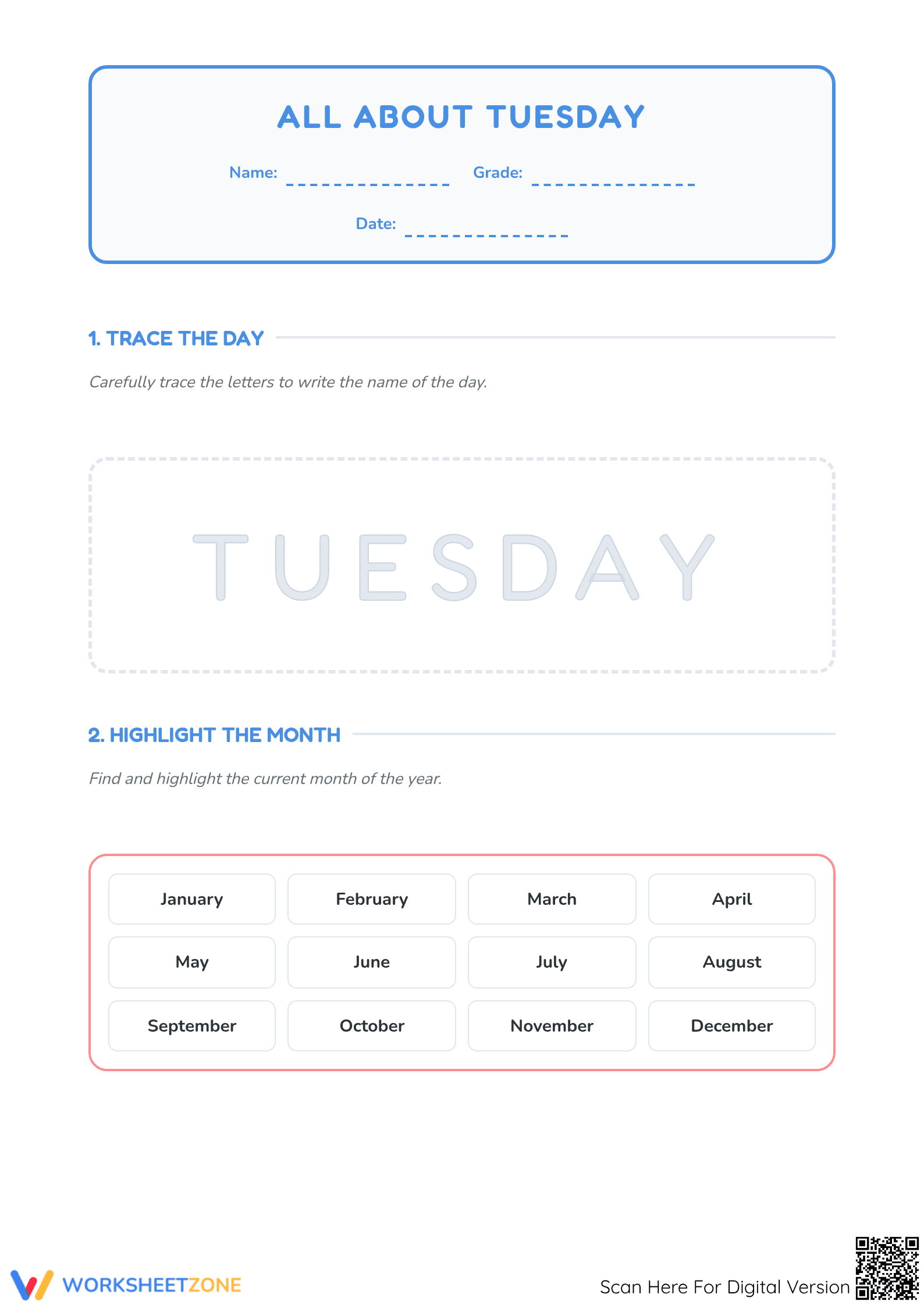 Tuesday Calendar Skills Worksheet | Grade 1-3 Essential - Page 1