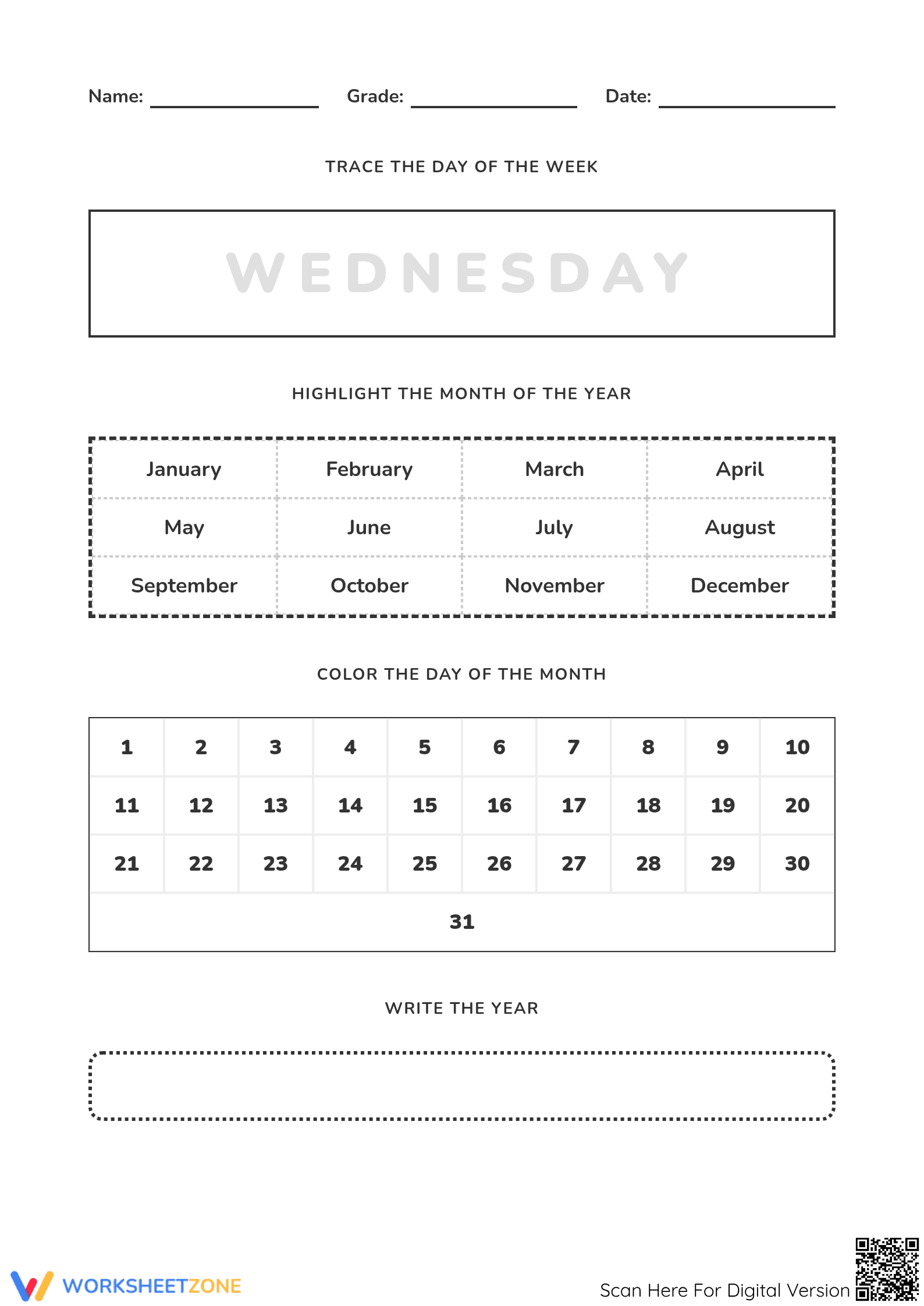 Grade 3 Days of the Week — Printable No-Prep Worksheet - Page 1