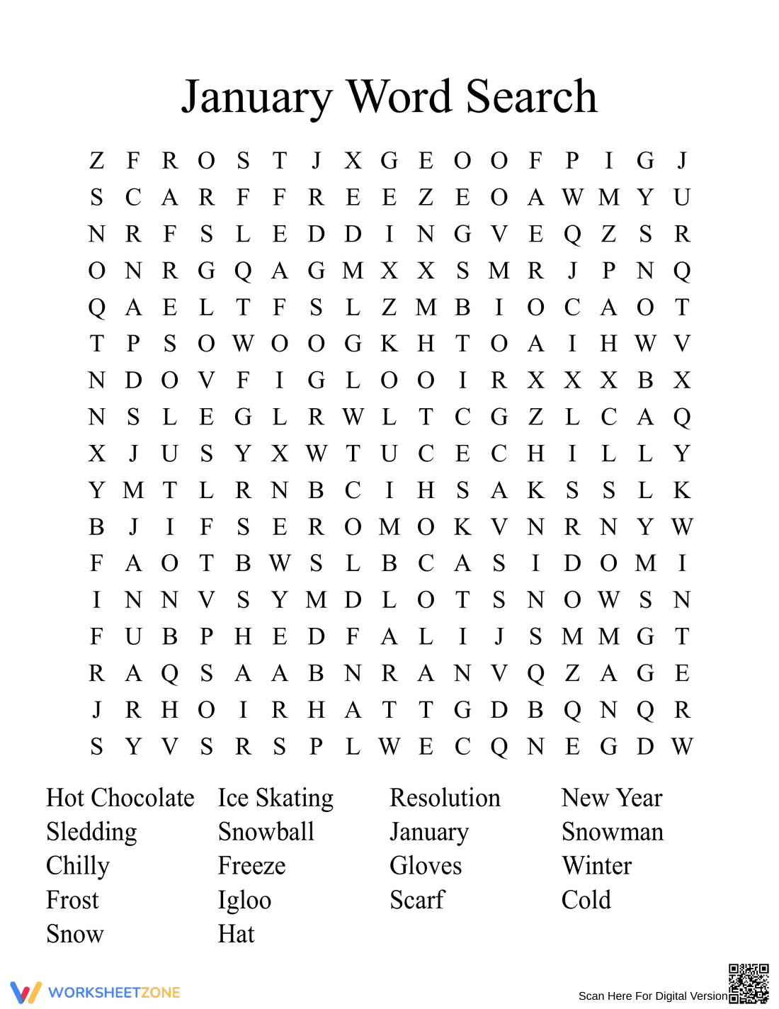 January Winter Word Search - Fun Printable Puzzle for Kids - Page 1
