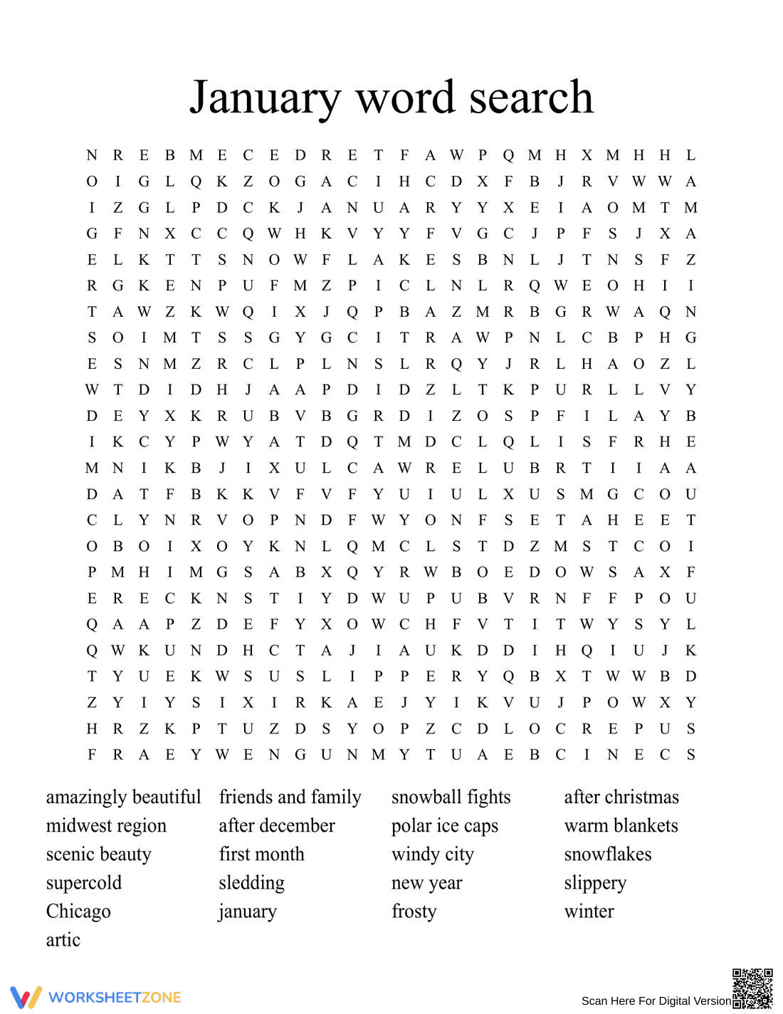 January Winter Word Search Puzzle Activity - Page 1