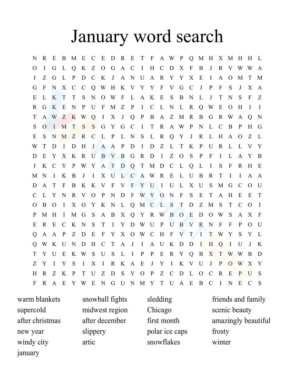 January Winter Word Search Puzzle Activity - Page 1