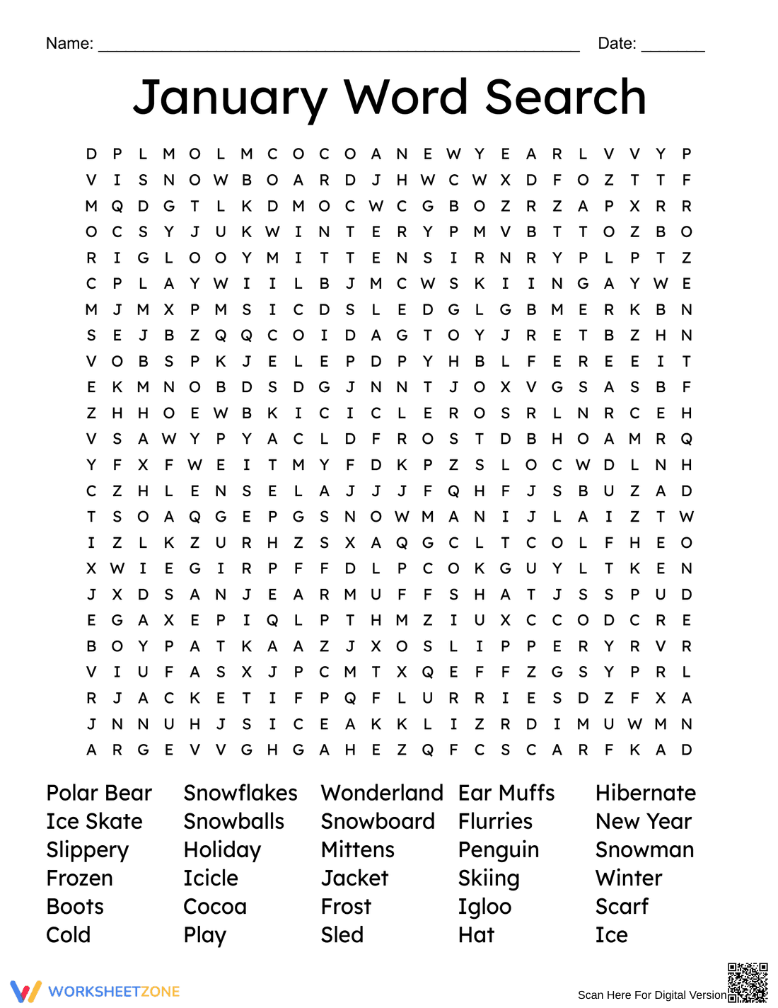 January Winter Word Search - Printable Puzzle Fun - Page 1