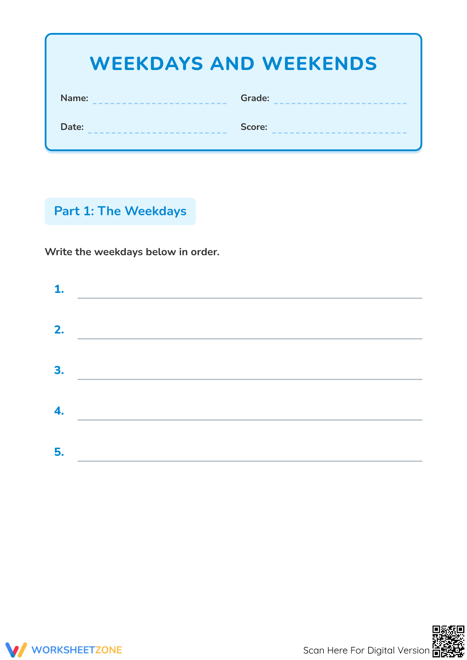 Weekdays and Weekends Worksheet | Grade 2 Essential - Page 1