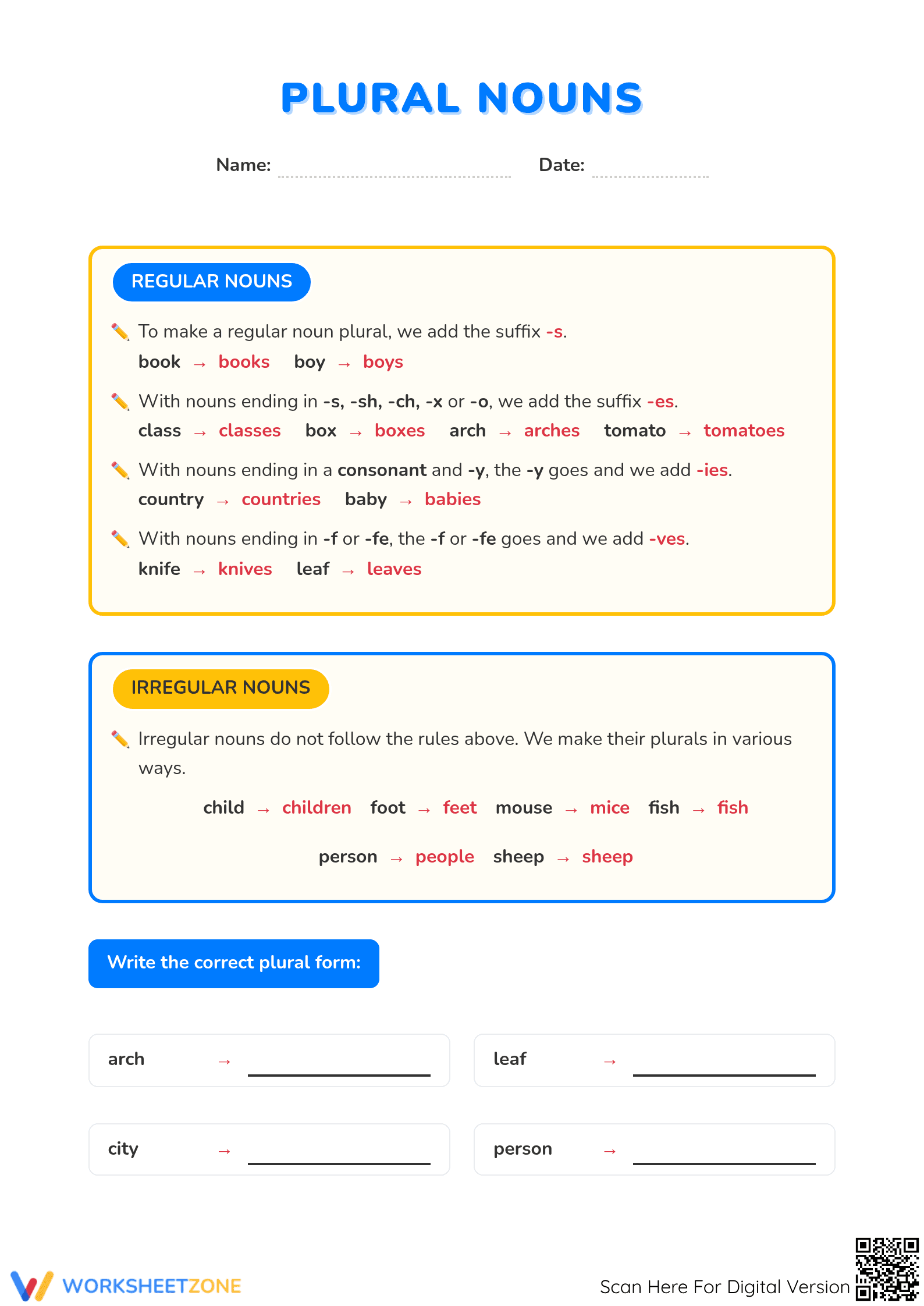 Essential Plural Nouns Worksheet | Grade 2-3 Grammar - Page 1