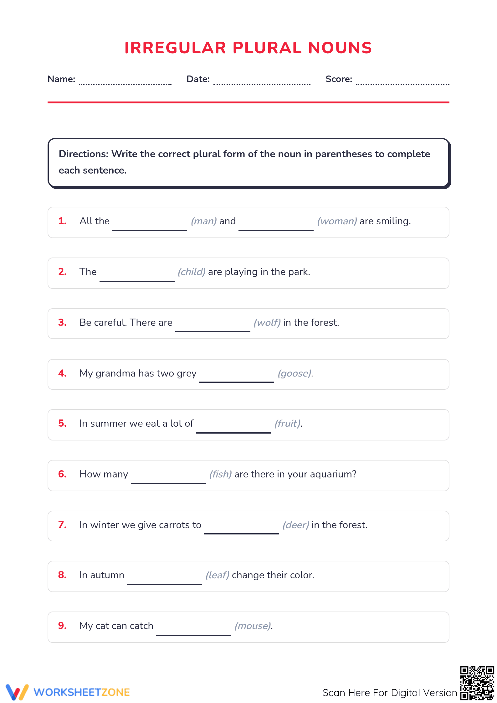 Grade 4 Irregular Plurals — Printable No-Prep Worksheet - Page 1