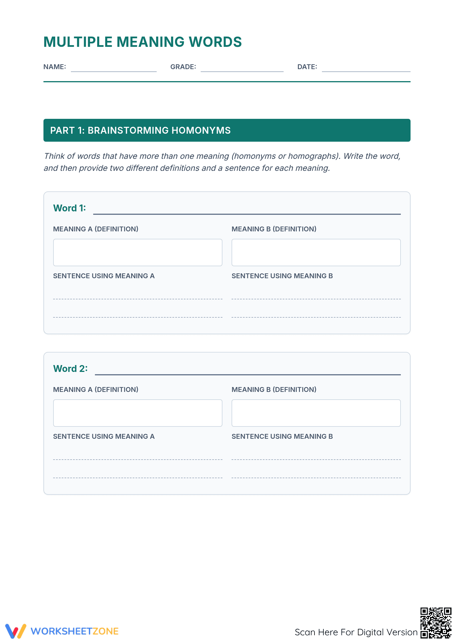 Multiple Meaning Words Worksheet | Grade 5 Essential - Page 1