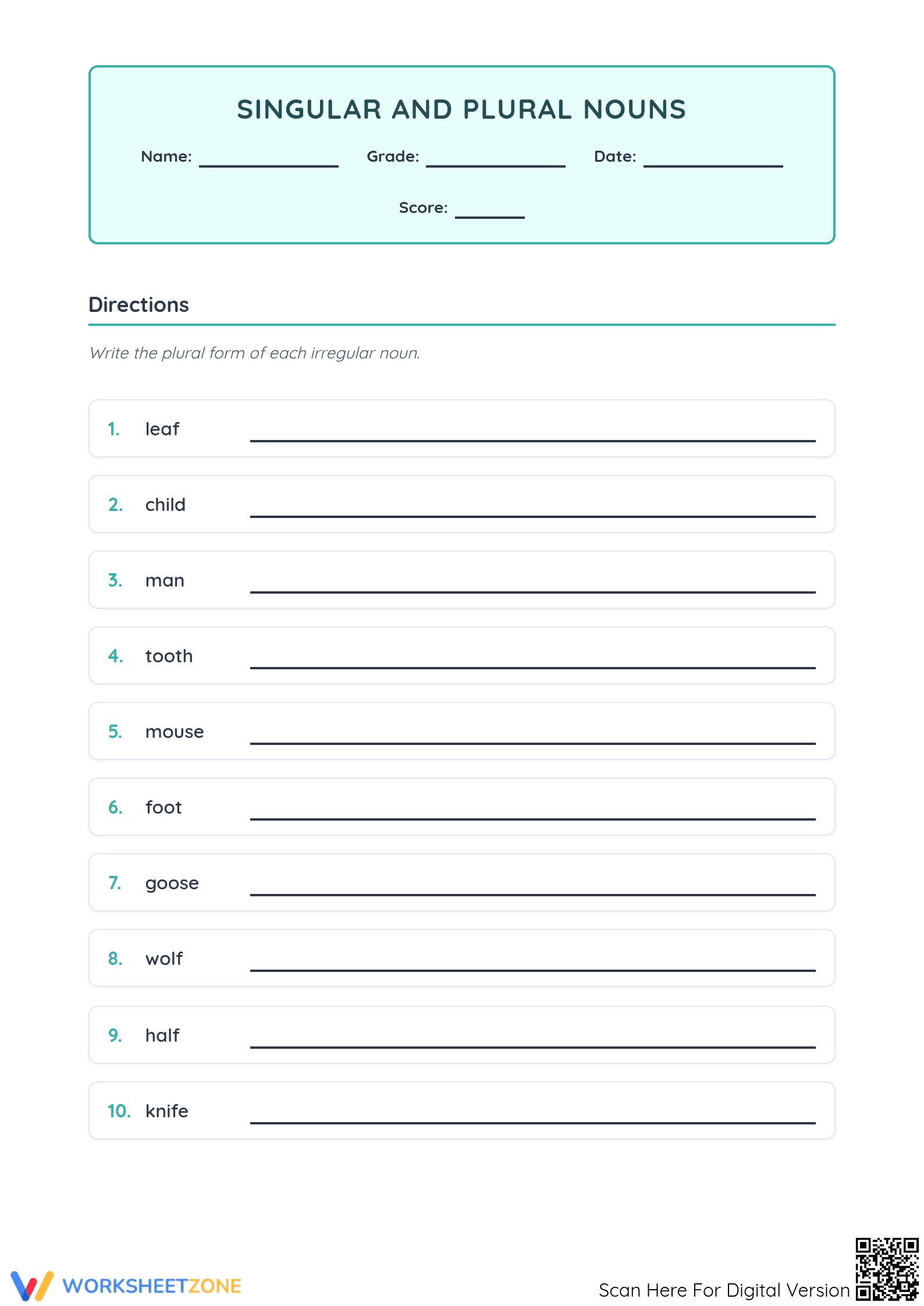 Irregular Plural Nouns Worksheet | Grade 4-5 Printable - Page 1