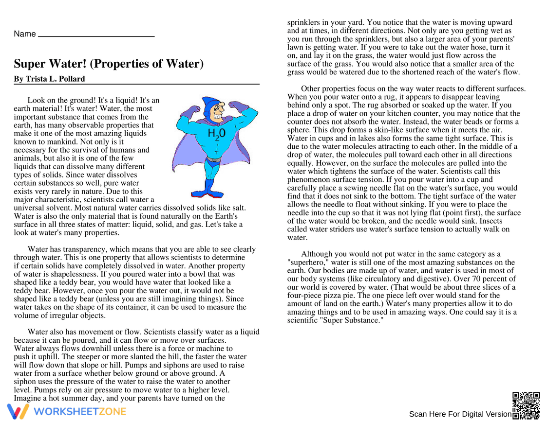 Properties of Water Worksheet | Grade 6-8 Essential - Page 1