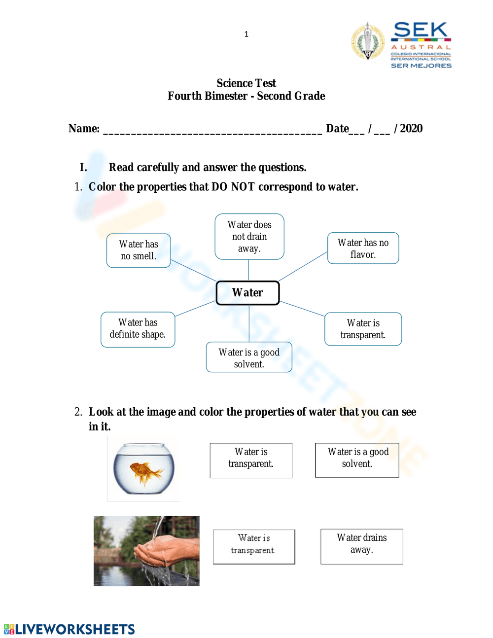 Essential Properties of Water Worksheet | Grade 2 Science - Page 1