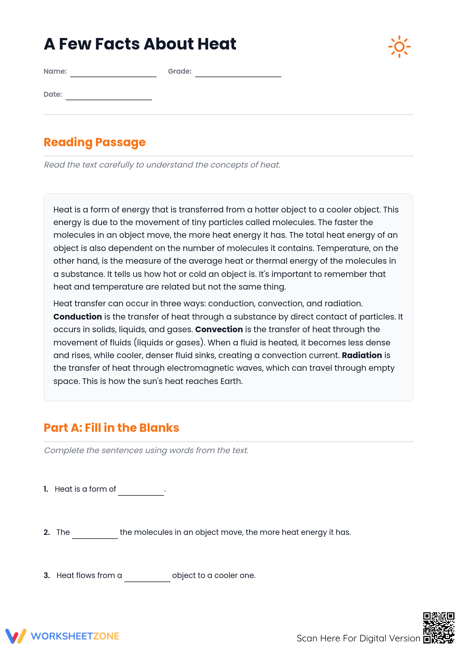 Heat Transfer Worksheet | Grade 8 Printable ELA - Page 1