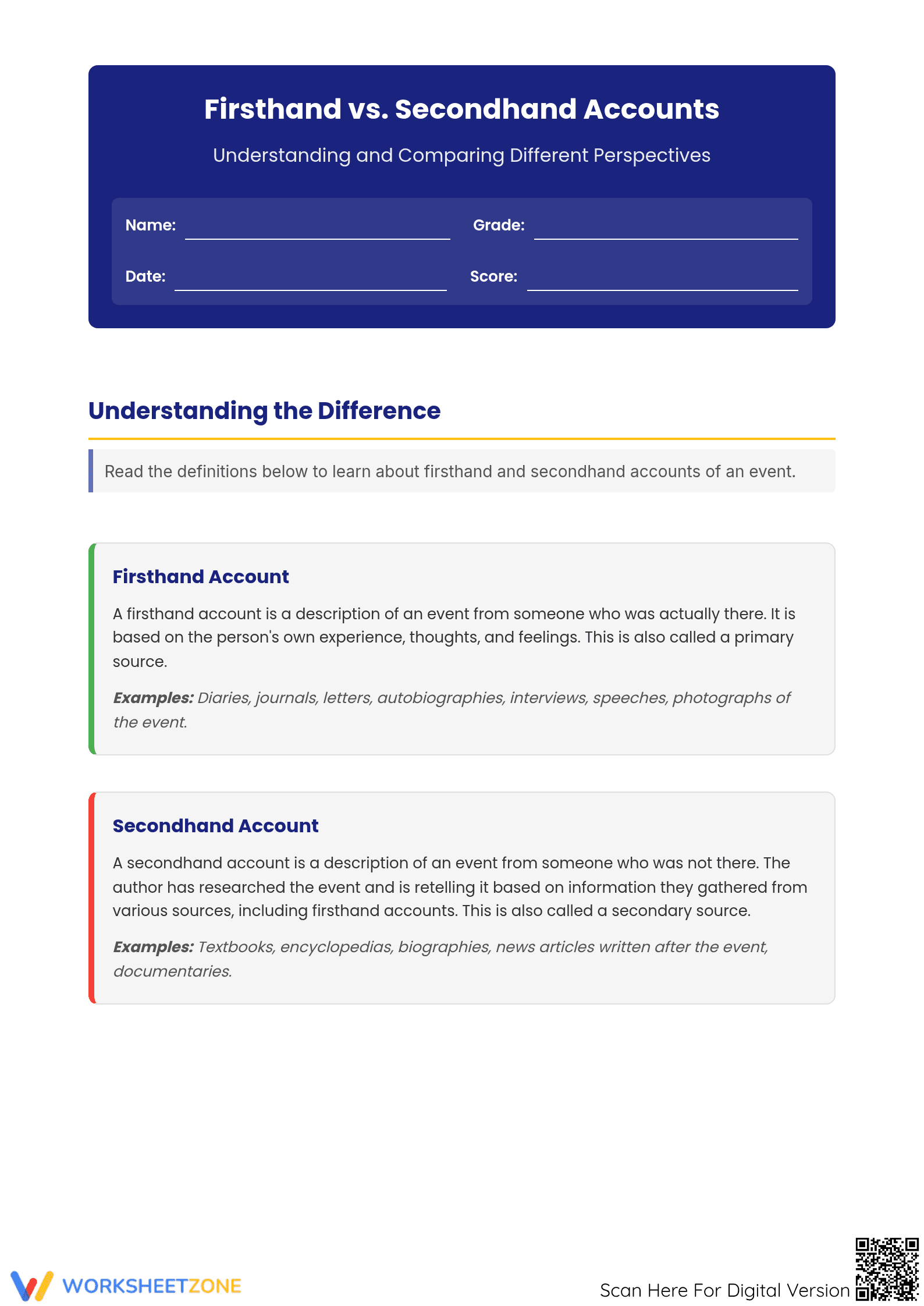 Essential Comparing Accounts Worksheet | Grade 7-9 ELA - Page 1