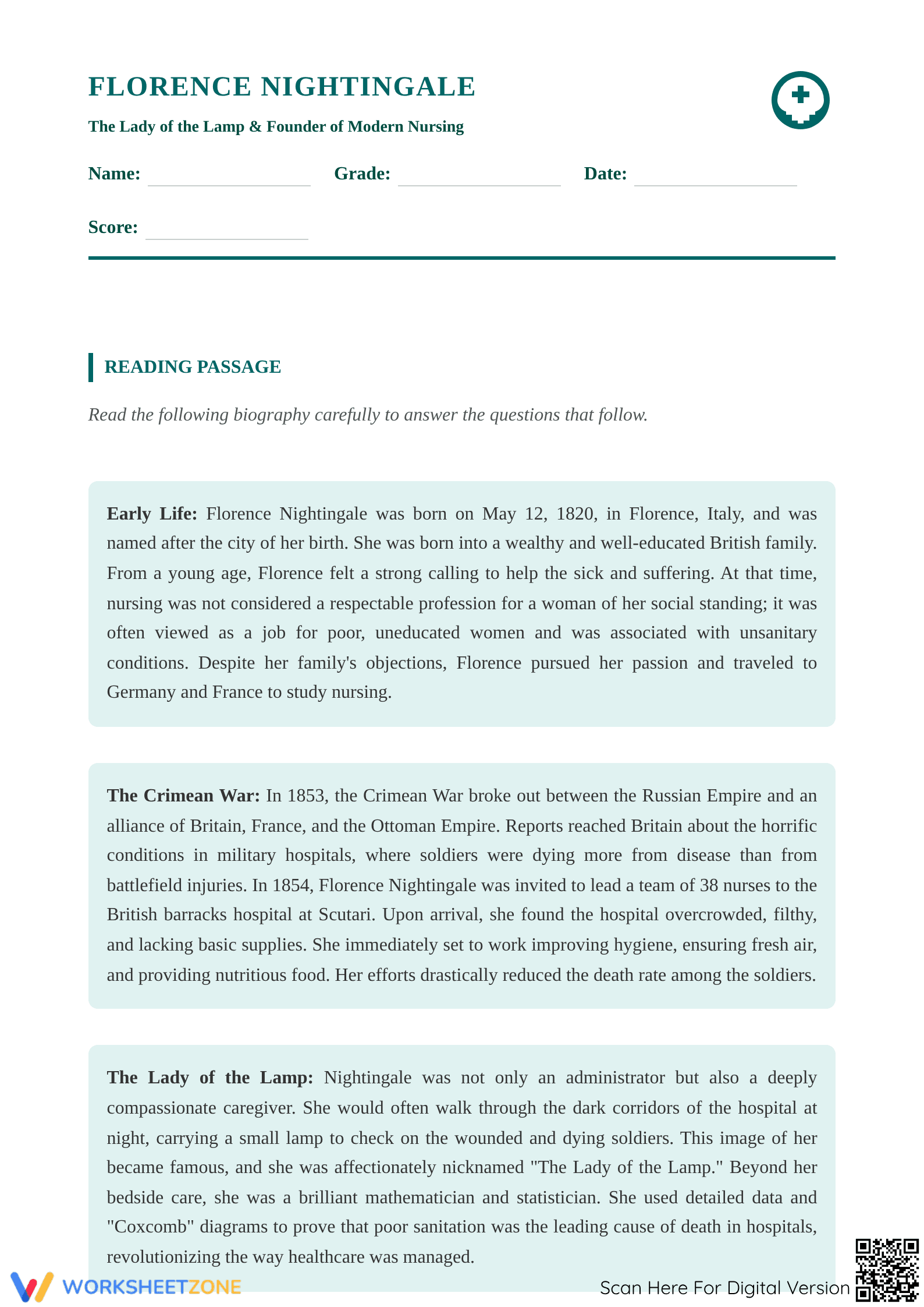 Florence Nightingale Grade 8 Essential Biography Worksheet - Page 1