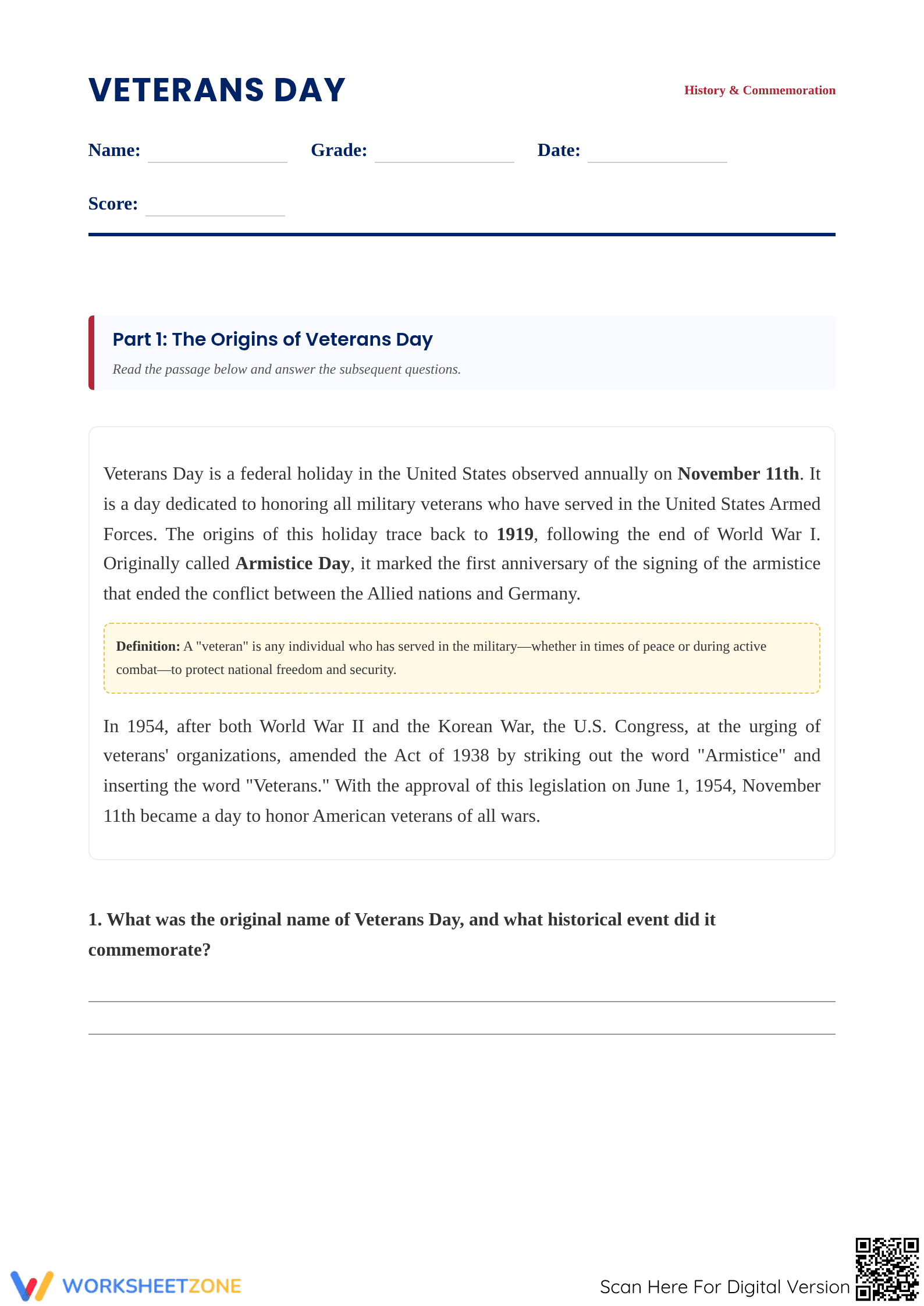 Printable Veterans Day Reading Comprehension | Grades 7-9 - Page 1