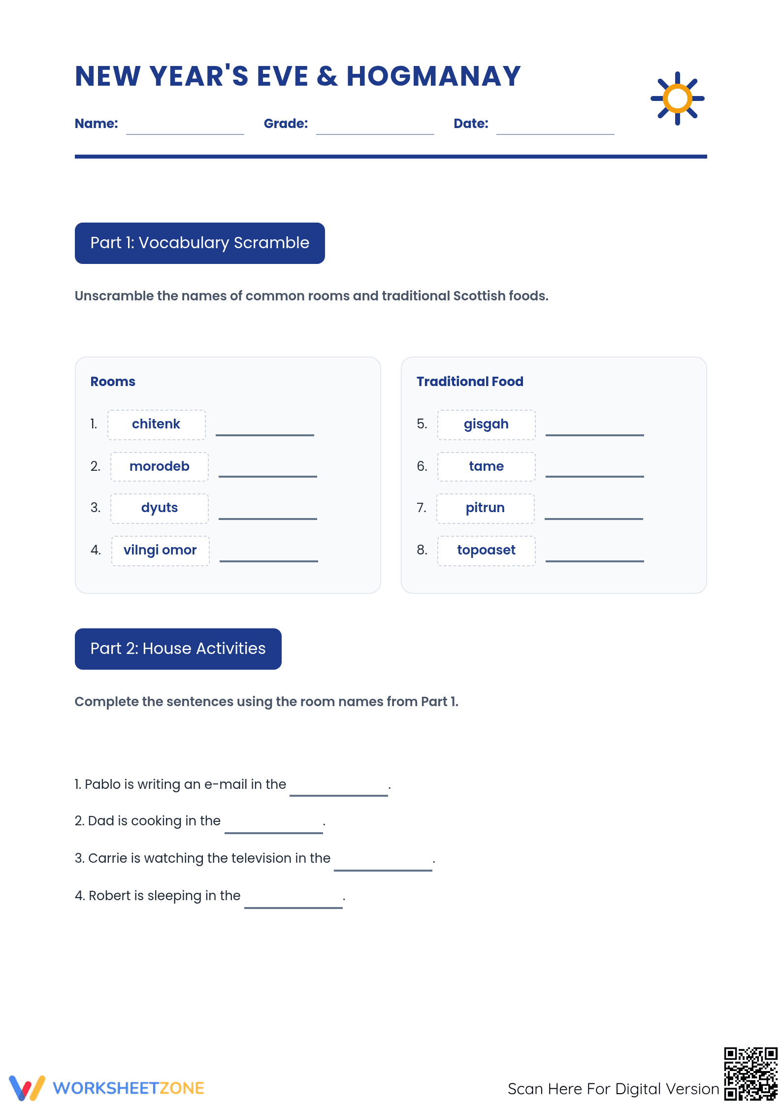 Grade 7-9 Hogmanay Worksheet | Printable ELA Holiday Ready - Page 1