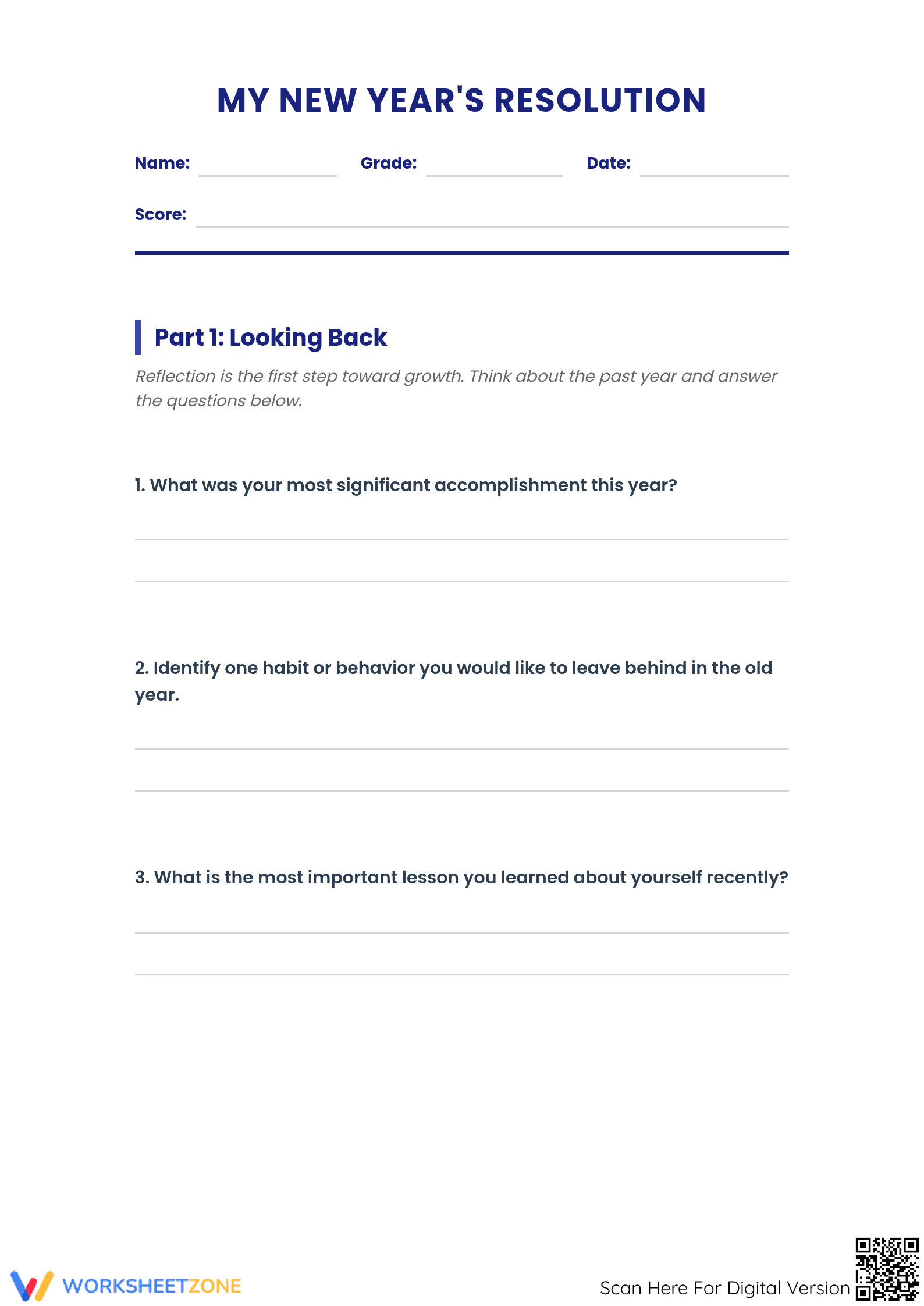 Printable New Year's Resolution Goal Setting - Grade 7-9 - Page 1