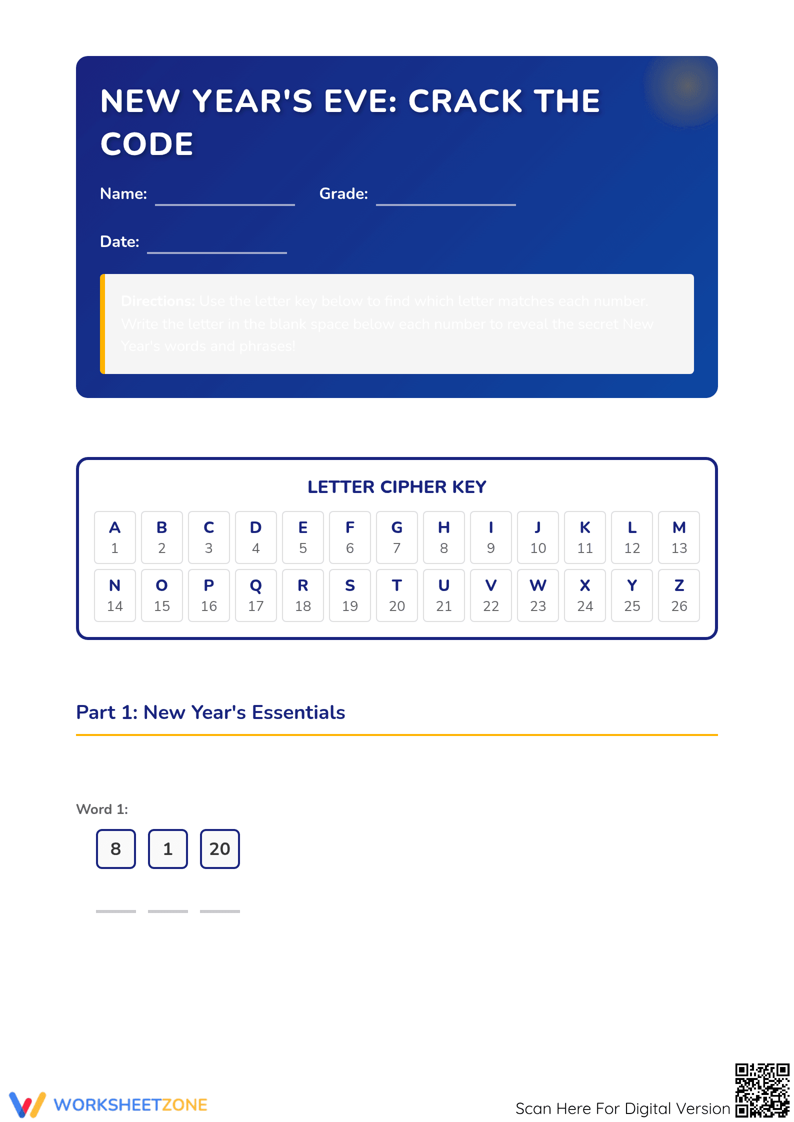Printable New Year's Eve Crack the Code | Grades 3-5 - Page 1